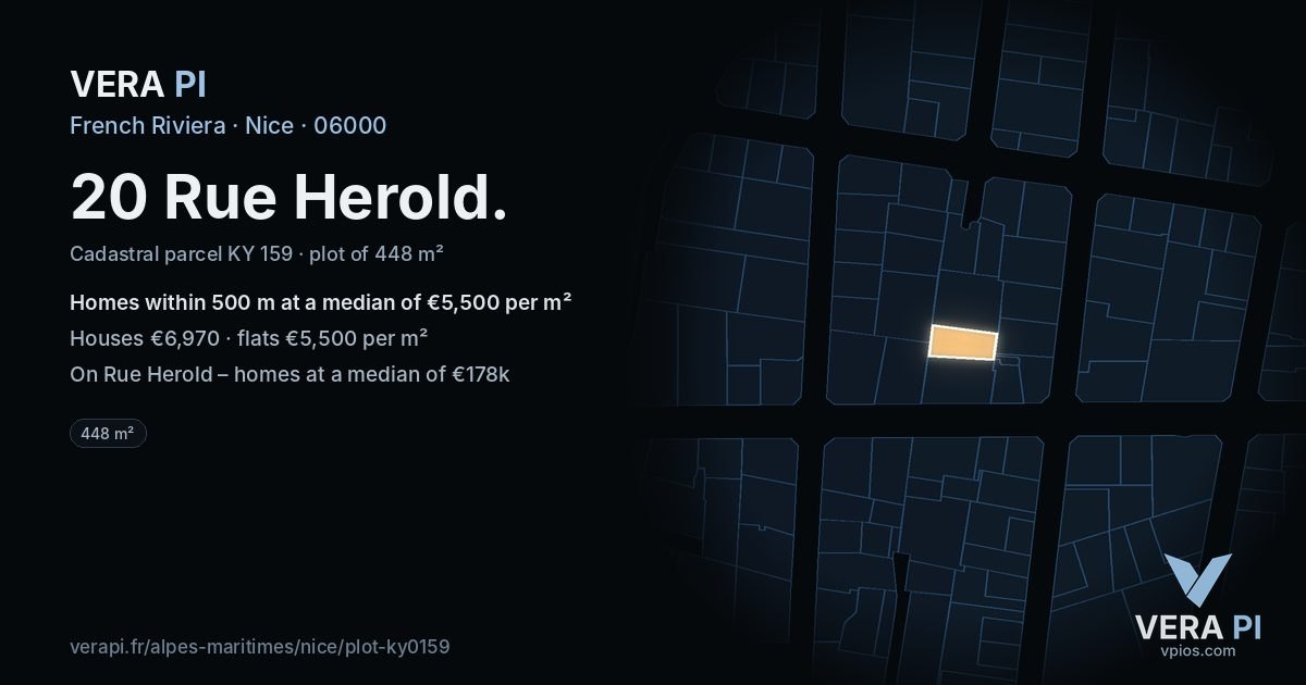 20 Rue Herold, Nice at night – the plot lit, the parcels around coloured by the prices near them