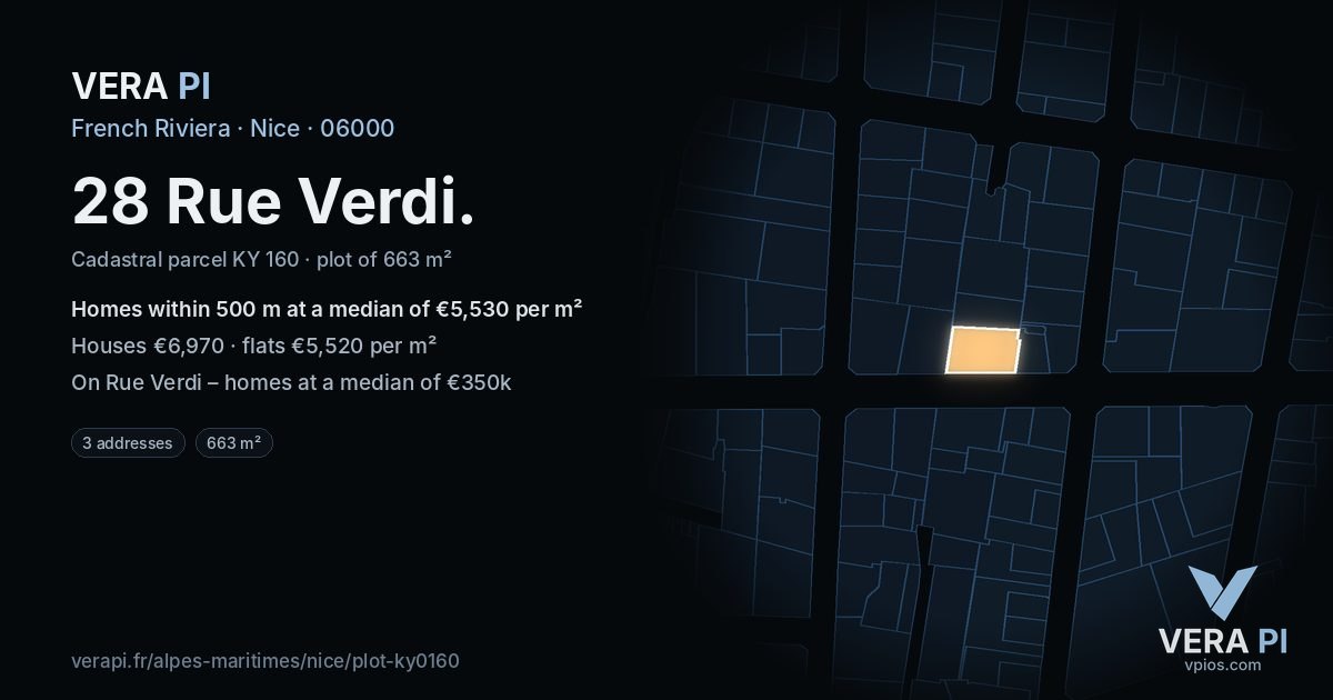 28 Rue Verdi, Nice at night – the plot lit, the parcels around coloured by the prices near them