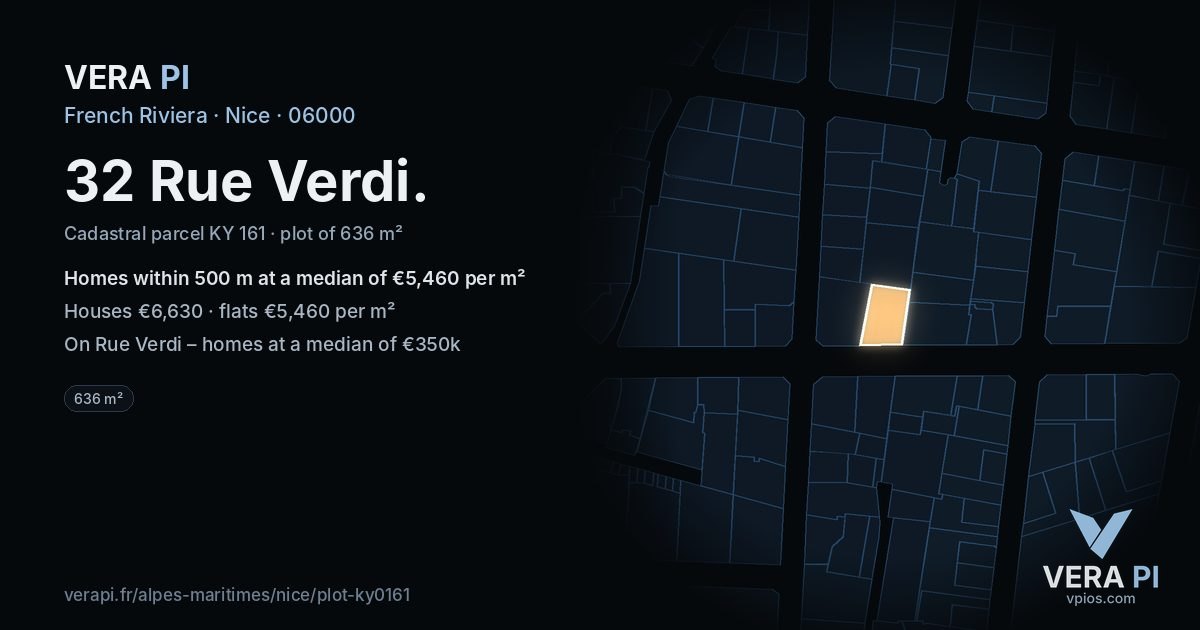32 Rue Verdi, Nice at night – the plot lit, the parcels around coloured by the prices near them