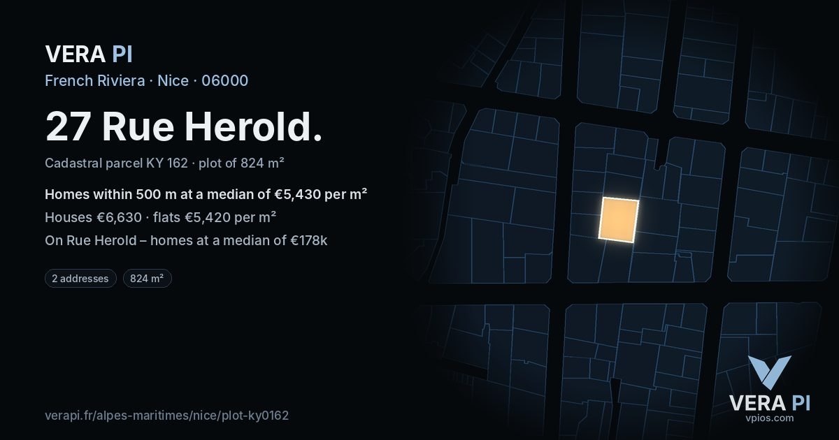 27 Rue Herold, Nice at night – the plot lit, the parcels around coloured by the prices near them
