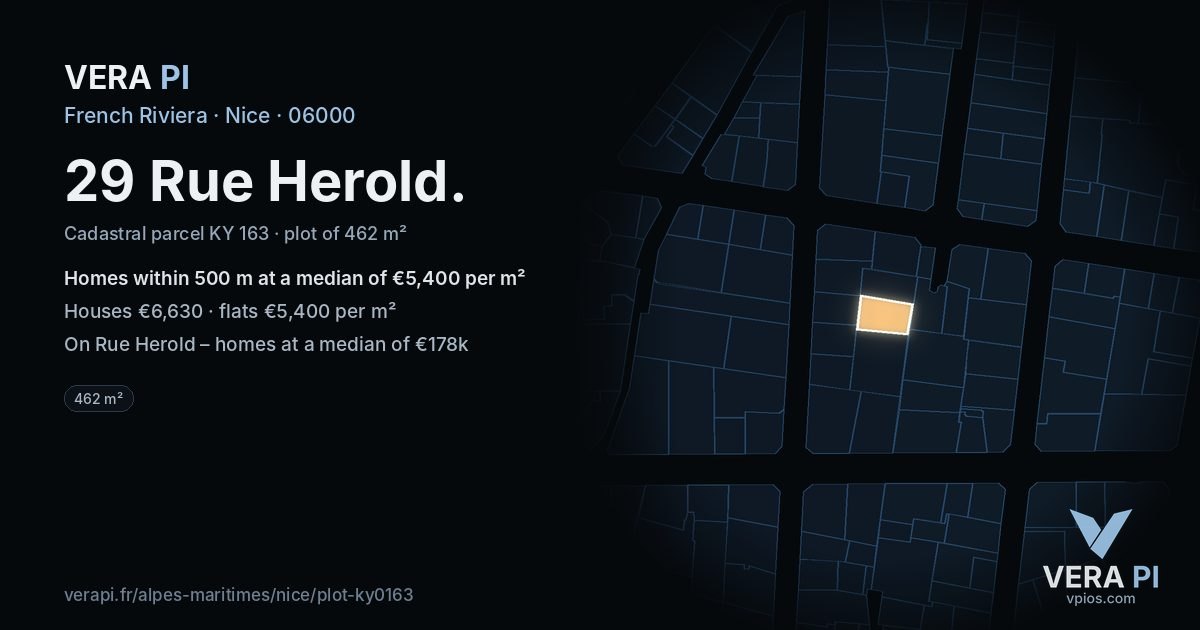 29 Rue Herold, Nice at night – the plot lit, the parcels around coloured by the prices near them