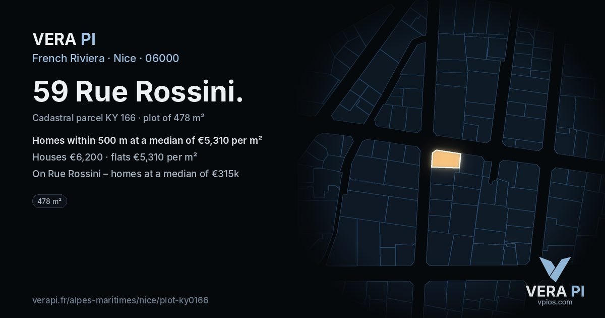 59 Rue Rossini, Nice at night – the plot lit, the parcels around coloured by the prices near them