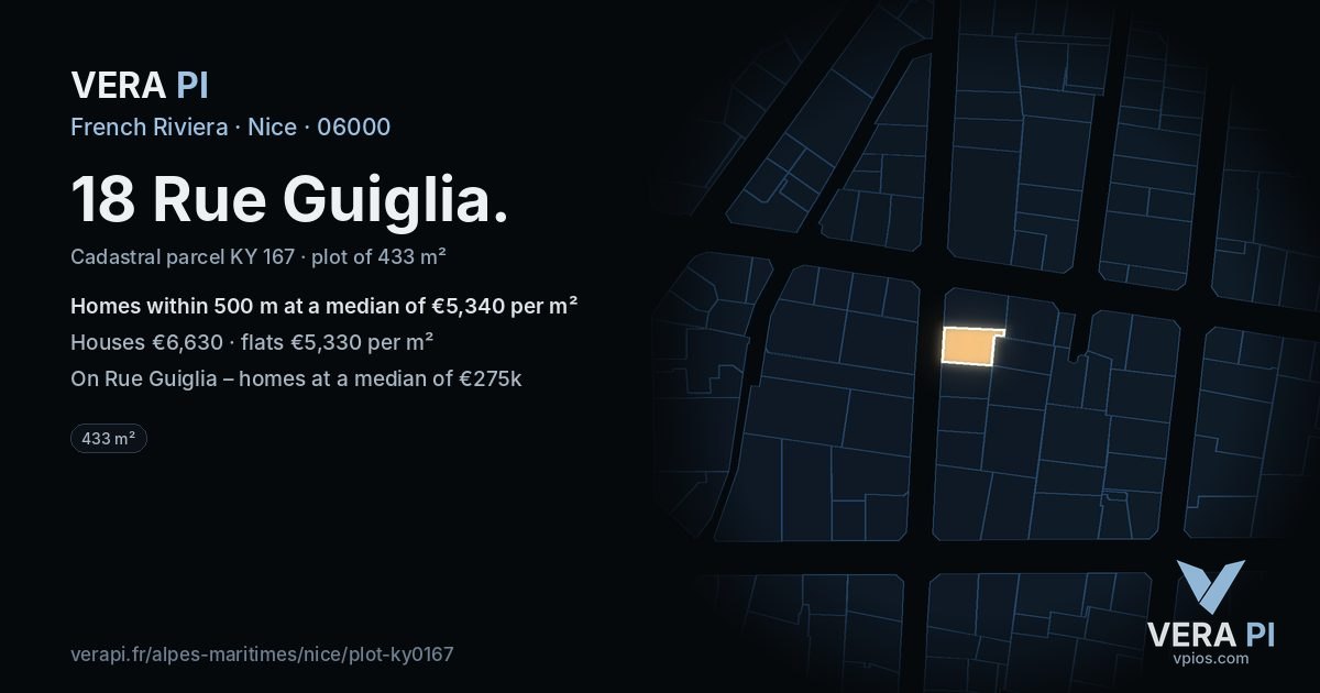 18 Rue Guiglia, Nice at night – the plot lit, the parcels around coloured by the prices near them