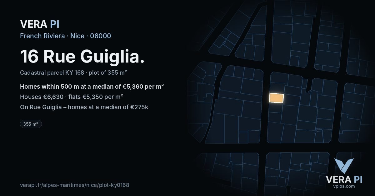 16 Rue Guiglia, Nice at night – the plot lit, the parcels around coloured by the prices near them