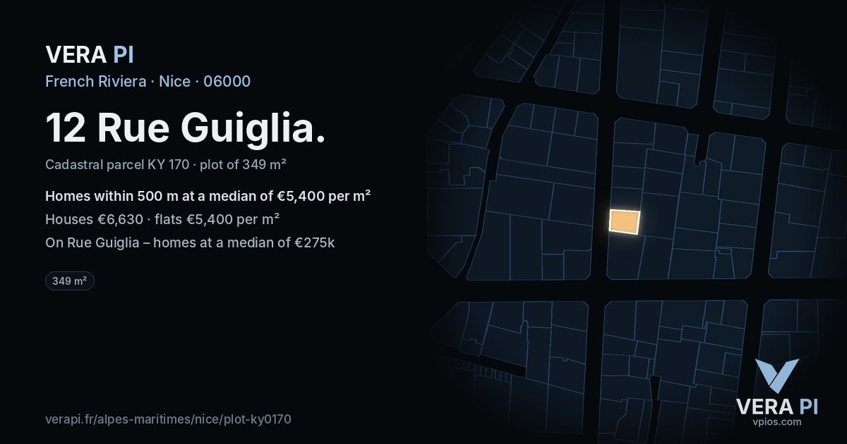 12 Rue Guiglia, Nice at night – the plot lit, the parcels around coloured by the prices near them
