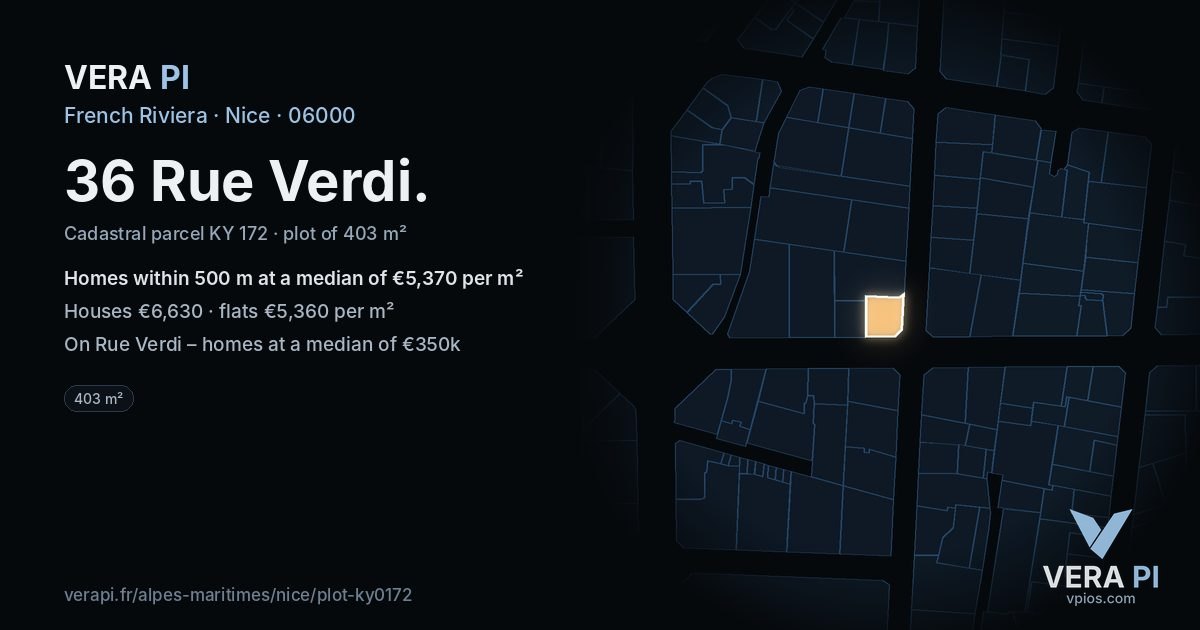 36 Rue Verdi, Nice at night – the plot lit, the parcels around coloured by the prices near them