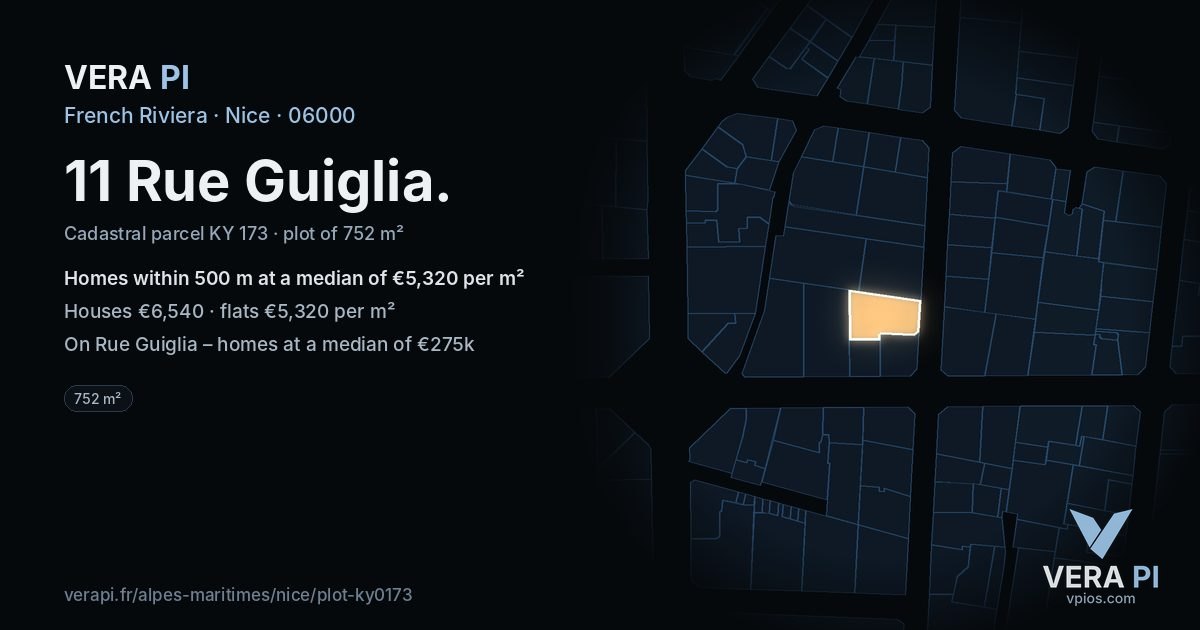 11 Rue Guiglia, Nice at night – the plot lit, the parcels around coloured by the prices near them
