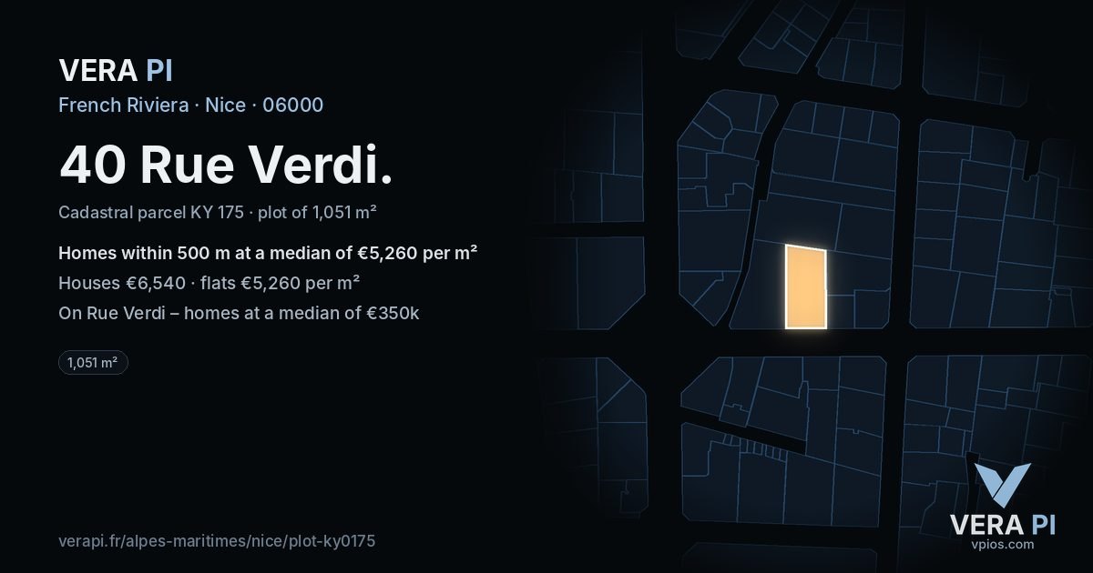 40 Rue Verdi, Nice at night – the plot lit, the parcels around coloured by the prices near them