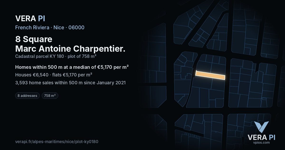 8 Square Marc Antoine Charpentier, Nice at night – the plot lit, the parcels around coloured by the prices near them