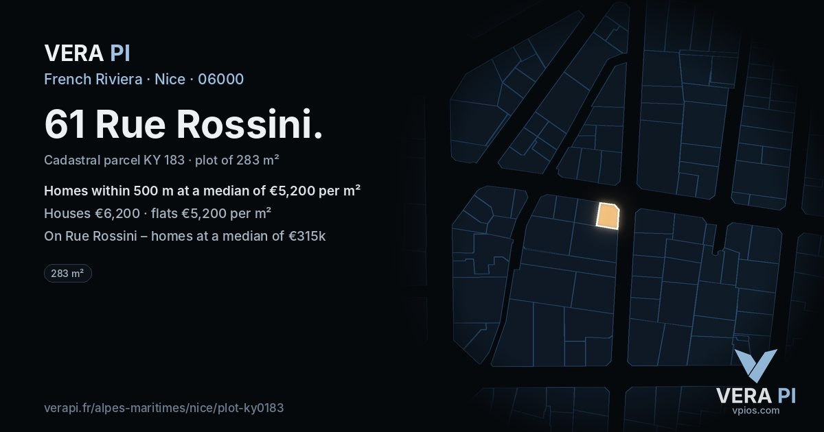 61 Rue Rossini, Nice at night – the plot lit, the parcels around coloured by the prices near them