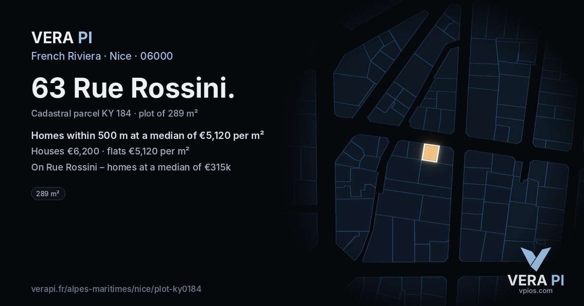 63 Rue Rossini, Nice at night – the plot lit, the parcels around coloured by the prices near them
