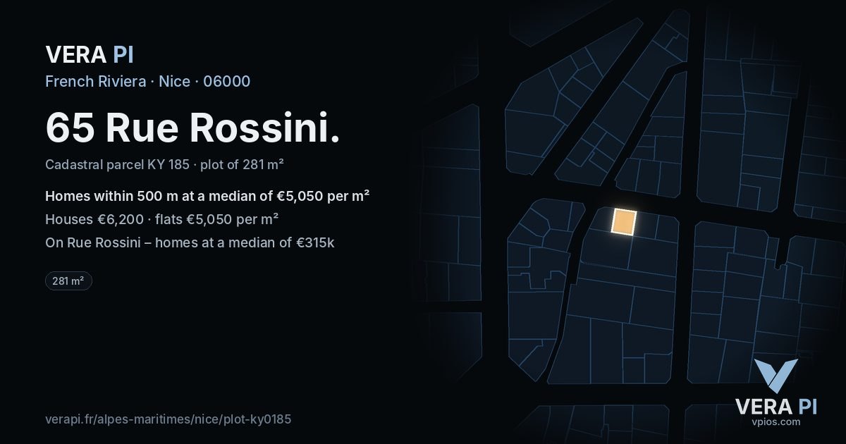 65 Rue Rossini, Nice at night – the plot lit, the parcels around coloured by the prices near them