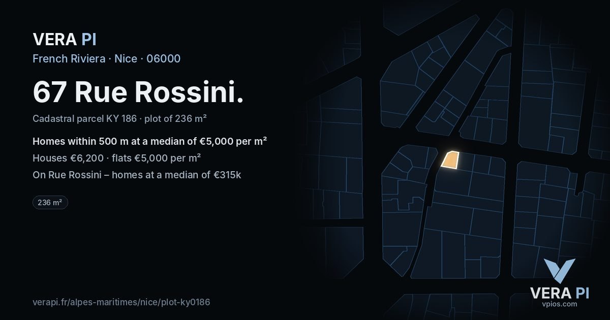 67 Rue Rossini, Nice at night – the plot lit, the parcels around coloured by the prices near them