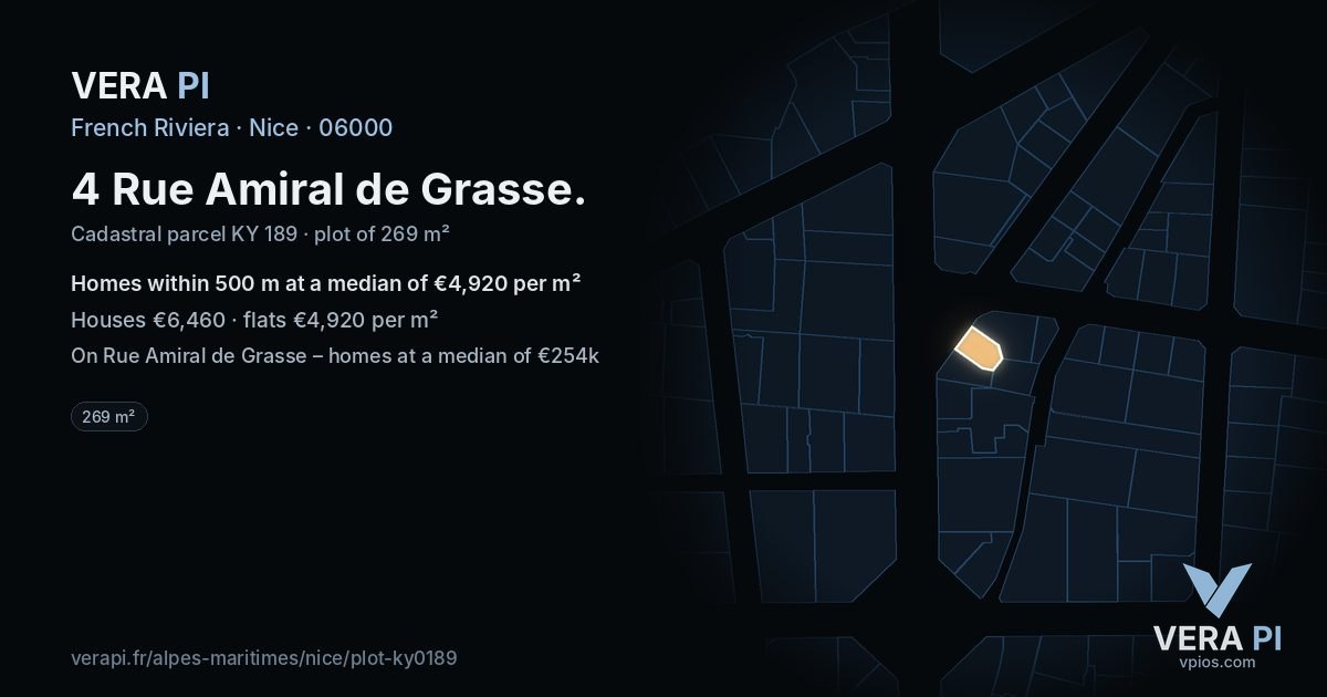 4 Rue Amiral de Grasse, Nice at night – the plot lit, the parcels around coloured by the prices near them