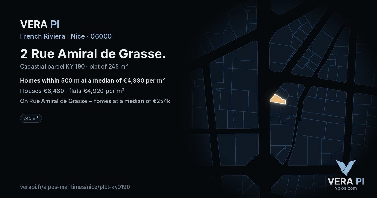 2 Rue Amiral de Grasse, Nice at night – the plot lit, the parcels around coloured by the prices near them
