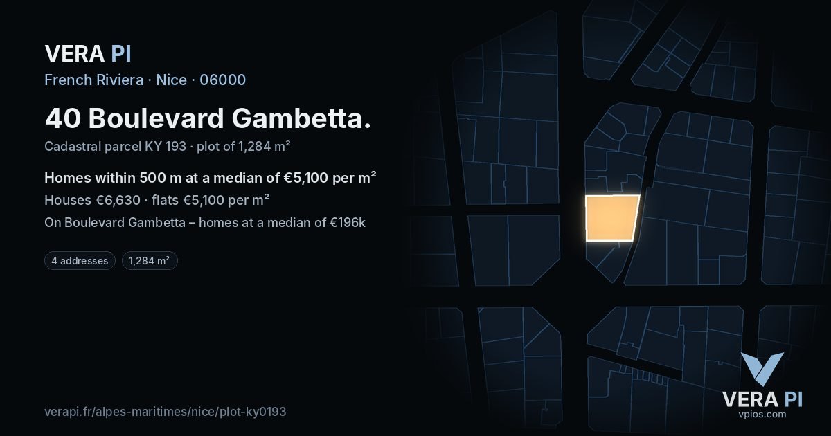 40 Boulevard Gambetta, Nice at night – the plot lit, the parcels around coloured by the prices near them