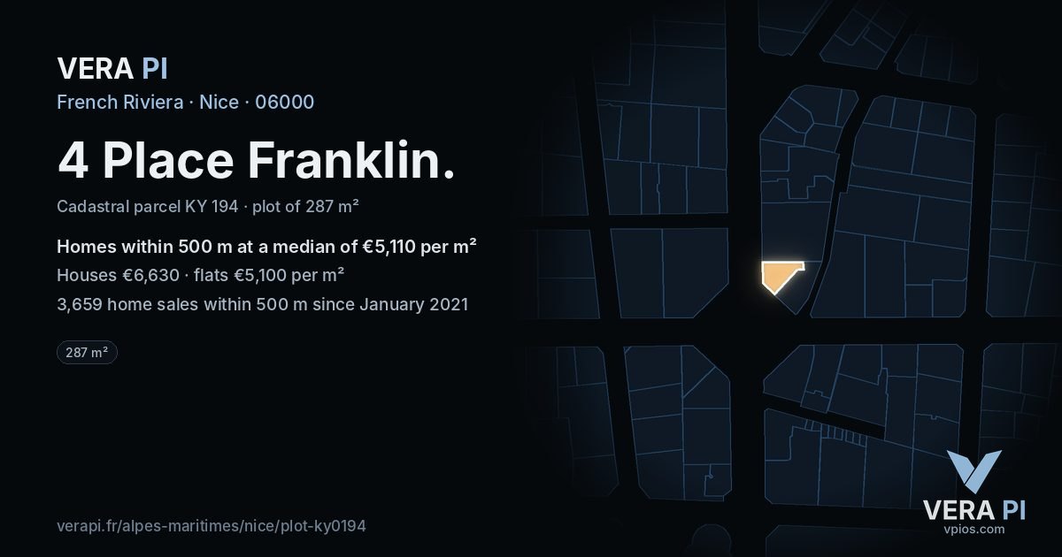 4 Place Franklin, Nice at night – the plot lit, the parcels around coloured by the prices near them