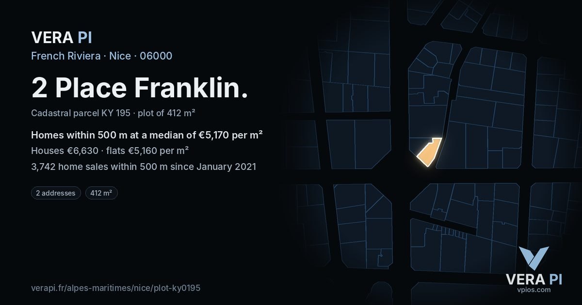 2 Place Franklin, Nice at night – the plot lit, the parcels around coloured by the prices near them