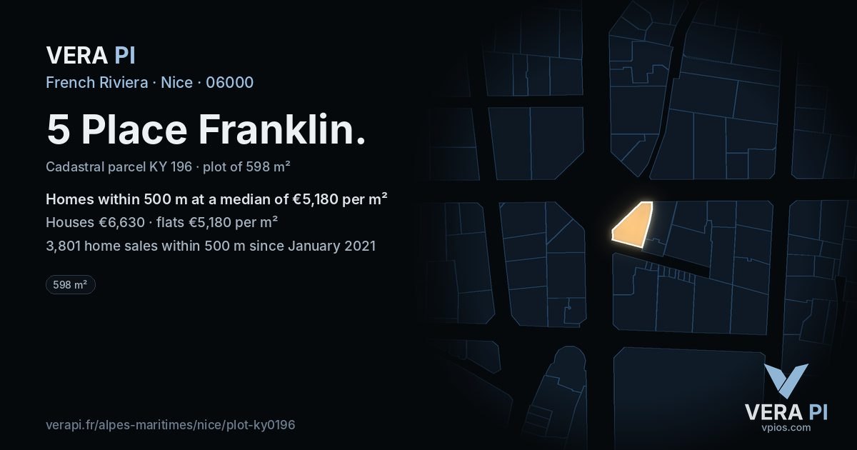 5 Place Franklin, Nice at night – the plot lit, the parcels around coloured by the prices near them