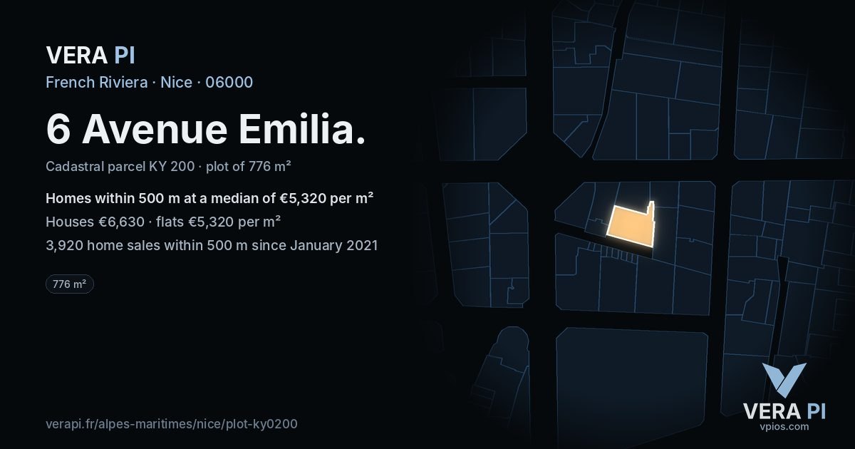 6 Avenue Emilia, Nice at night – the plot lit, the parcels around coloured by the prices near them