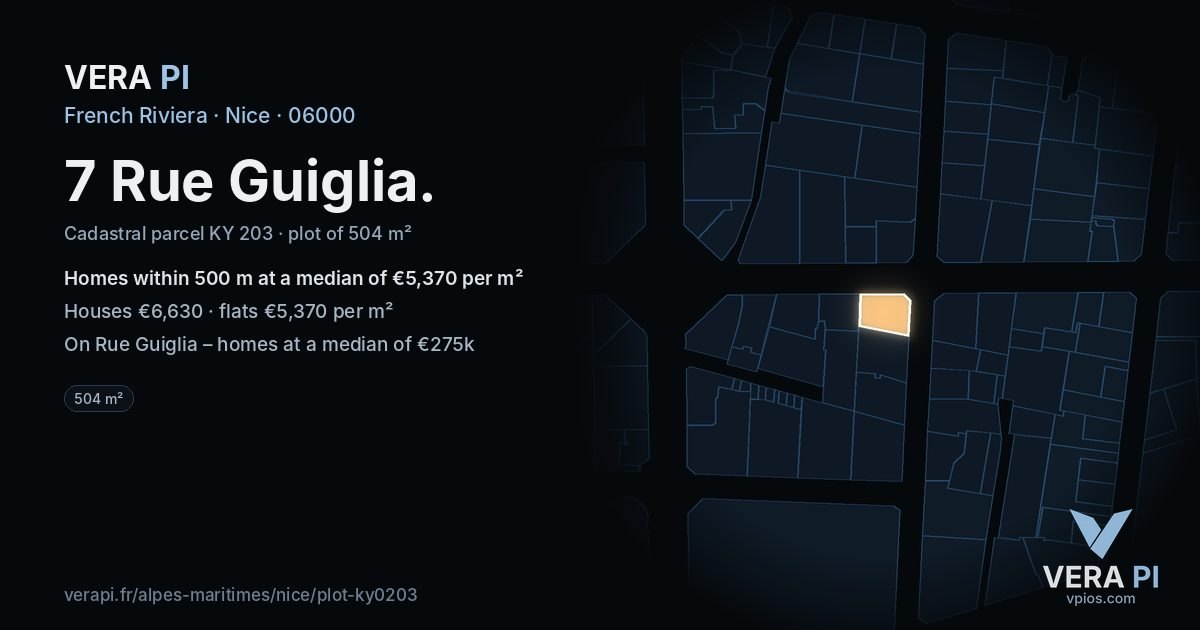 7 Rue Guiglia, Nice at night – the plot lit, the parcels around coloured by the prices near them