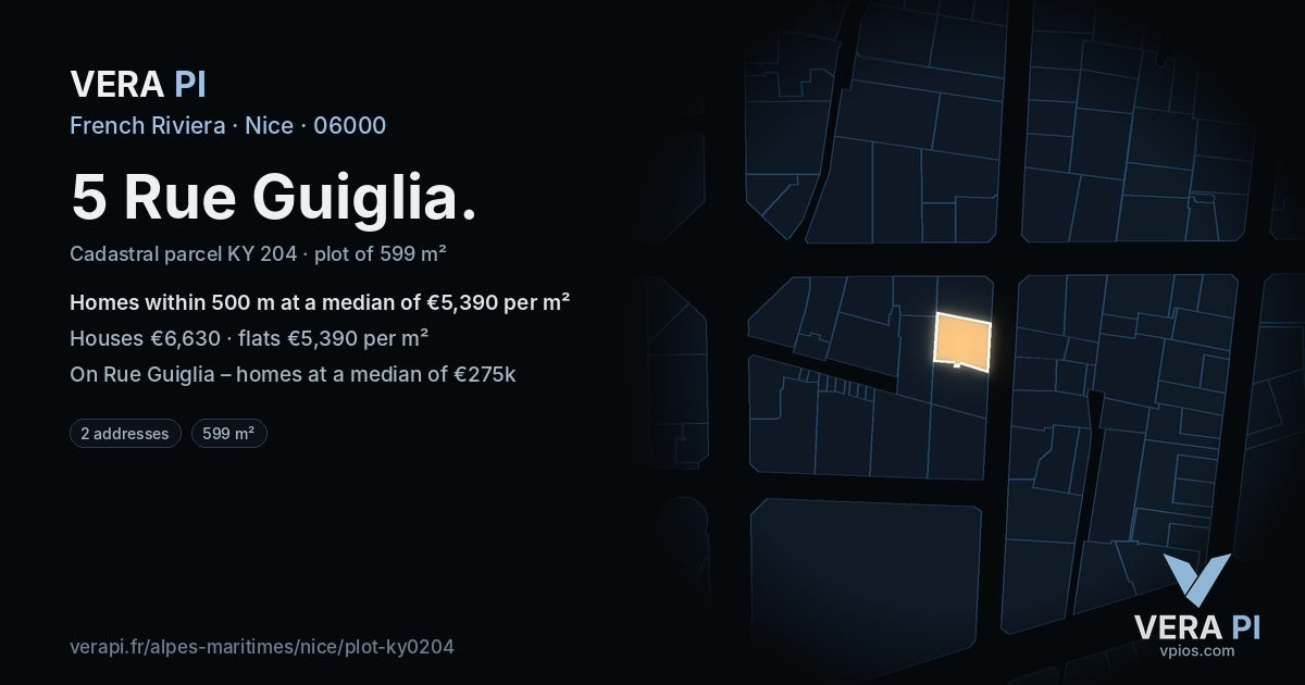 5 Rue Guiglia, Nice at night – the plot lit, the parcels around coloured by the prices near them