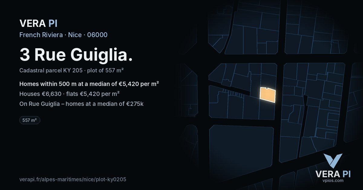 3 Rue Guiglia, Nice at night – the plot lit, the parcels around coloured by the prices near them