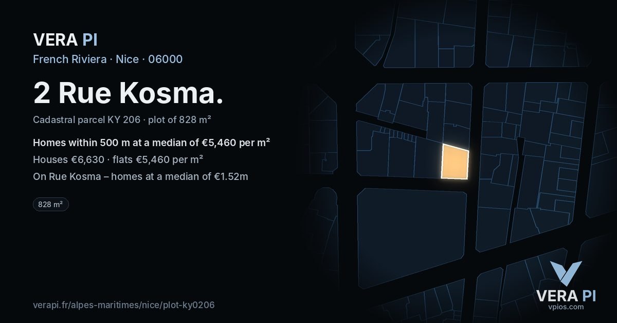 2 Rue Kosma, Nice at night – the plot lit, the parcels around coloured by the prices near them