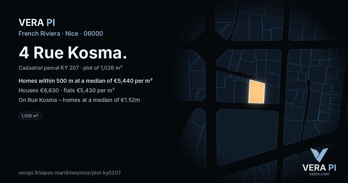 4 Rue Kosma, Nice at night – the plot lit, the parcels around coloured by the prices near them