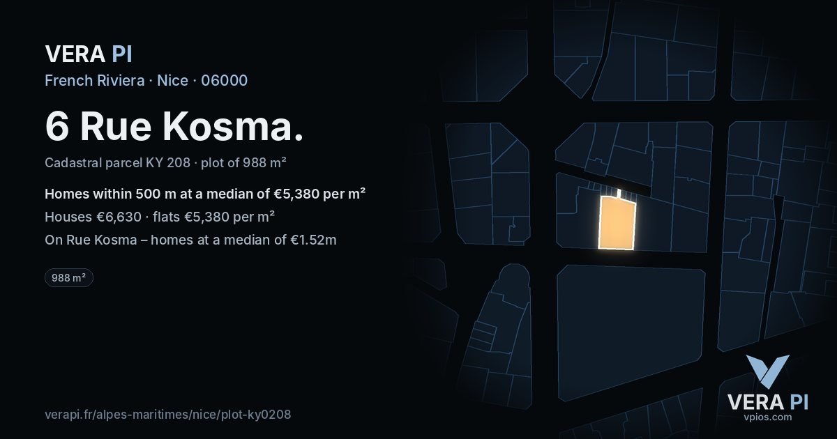 6 Rue Kosma, Nice at night – the plot lit, the parcels around coloured by the prices near them