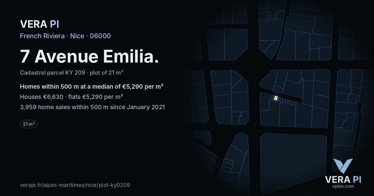 7 Avenue Emilia, Nice at night – the plot lit, the parcels around coloured by the prices near them