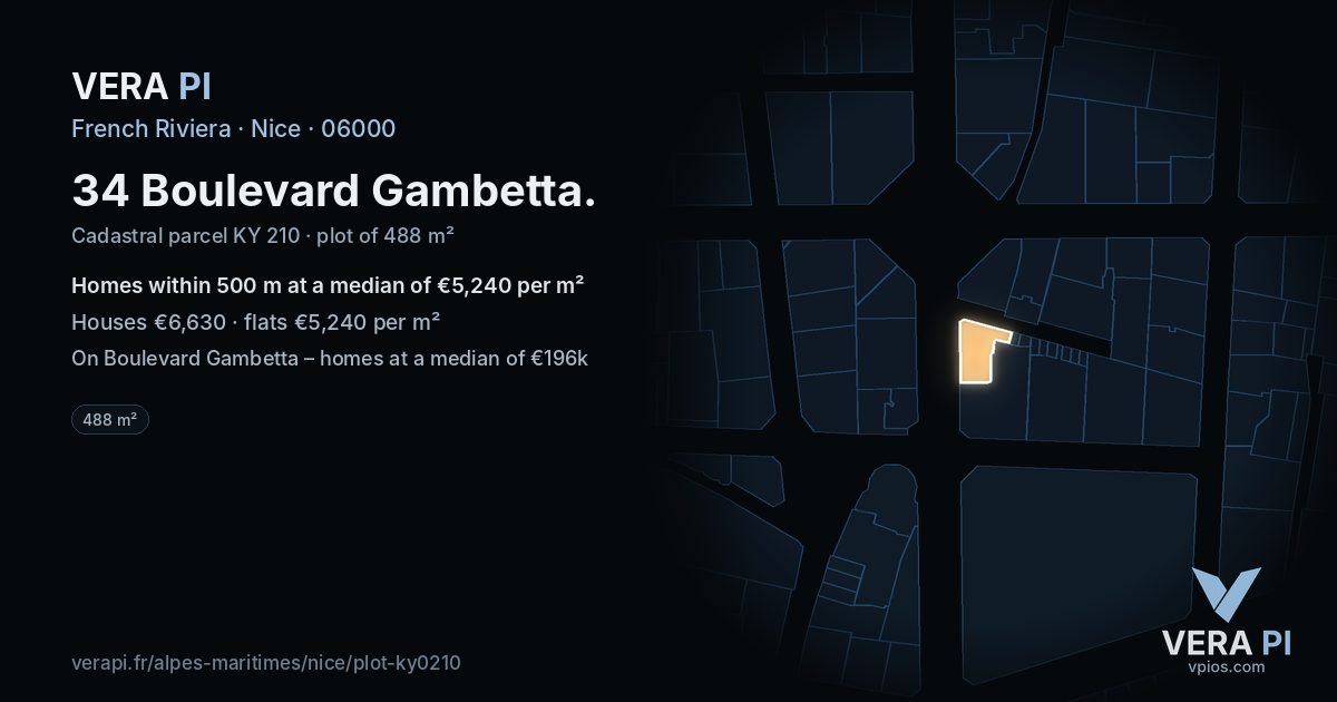34 Boulevard Gambetta, Nice at night – the plot lit, the parcels around coloured by the prices near them