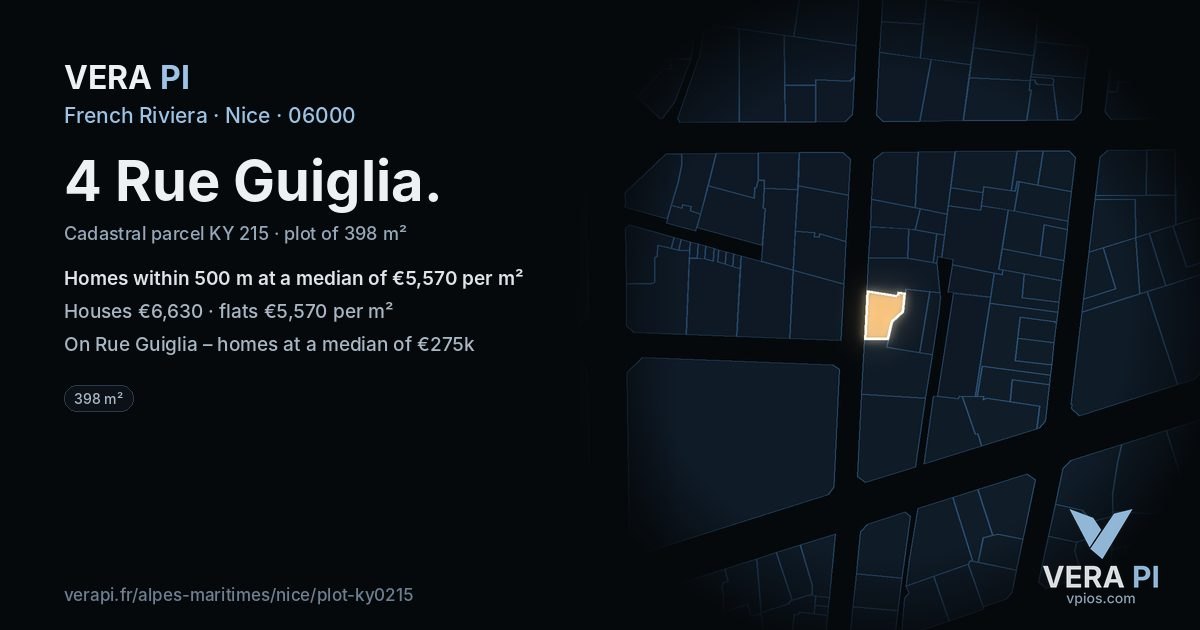 4 Rue Guiglia, Nice at night – the plot lit, the parcels around coloured by the prices near them