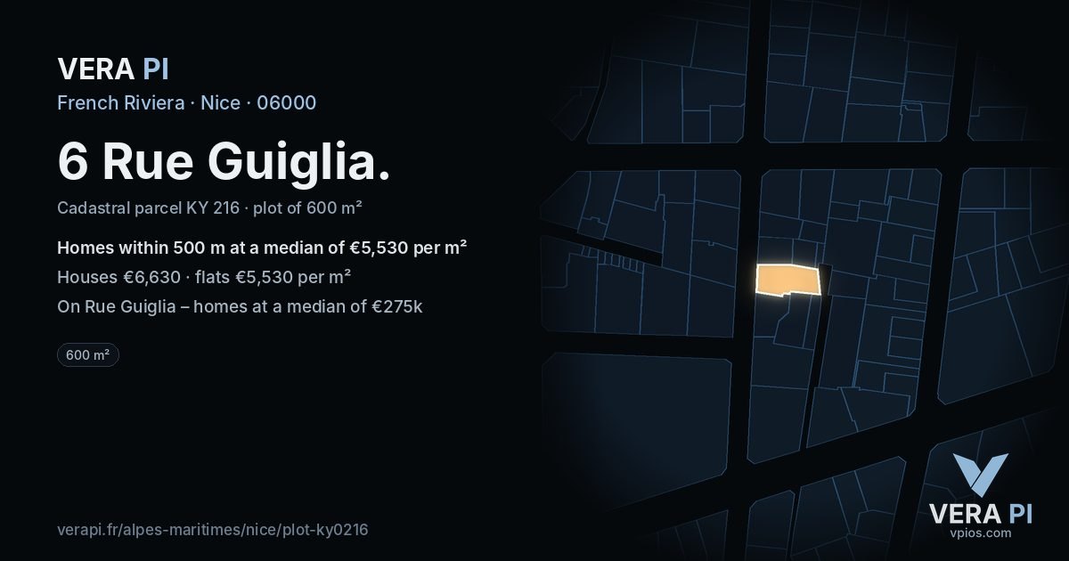 6 Rue Guiglia, Nice at night – the plot lit, the parcels around coloured by the prices near them