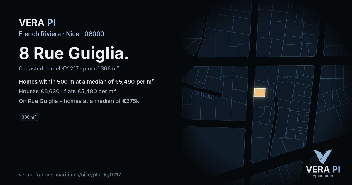 8 Rue Guiglia, Nice at night – the plot lit, the parcels around coloured by the prices near them