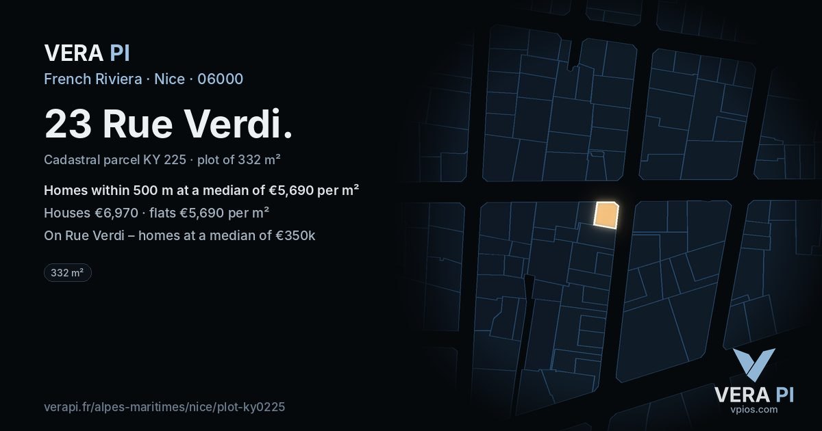 23 Rue Verdi, Nice at night – the plot lit, the parcels around coloured by the prices near them