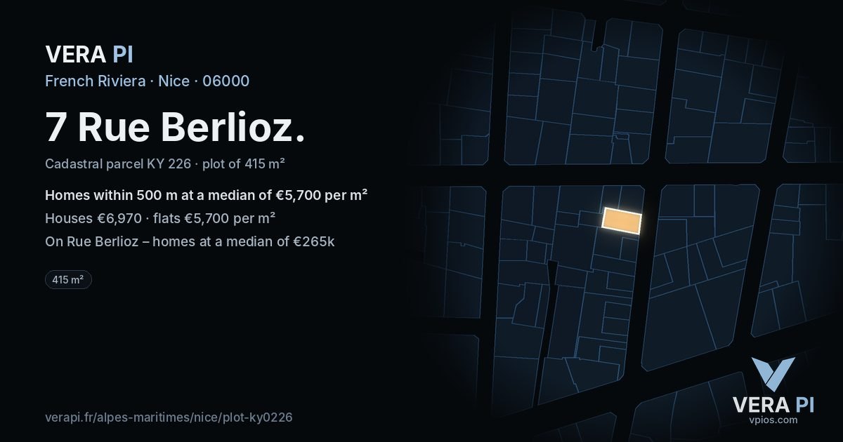 7 Rue Berlioz, Nice at night – the plot lit, the parcels around coloured by the prices near them