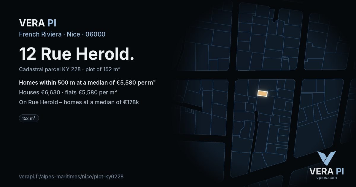 12 Rue Herold, Nice at night – the plot lit, the parcels around coloured by the prices near them