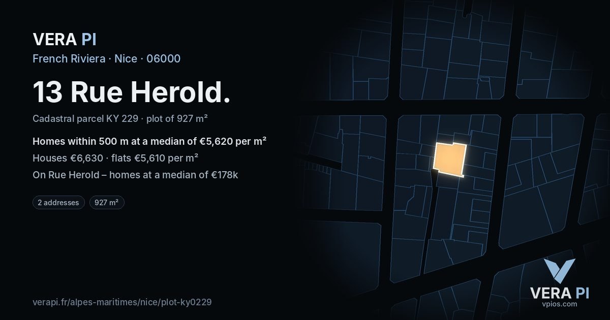 13 Rue Herold, Nice at night – the plot lit, the parcels around coloured by the prices near them