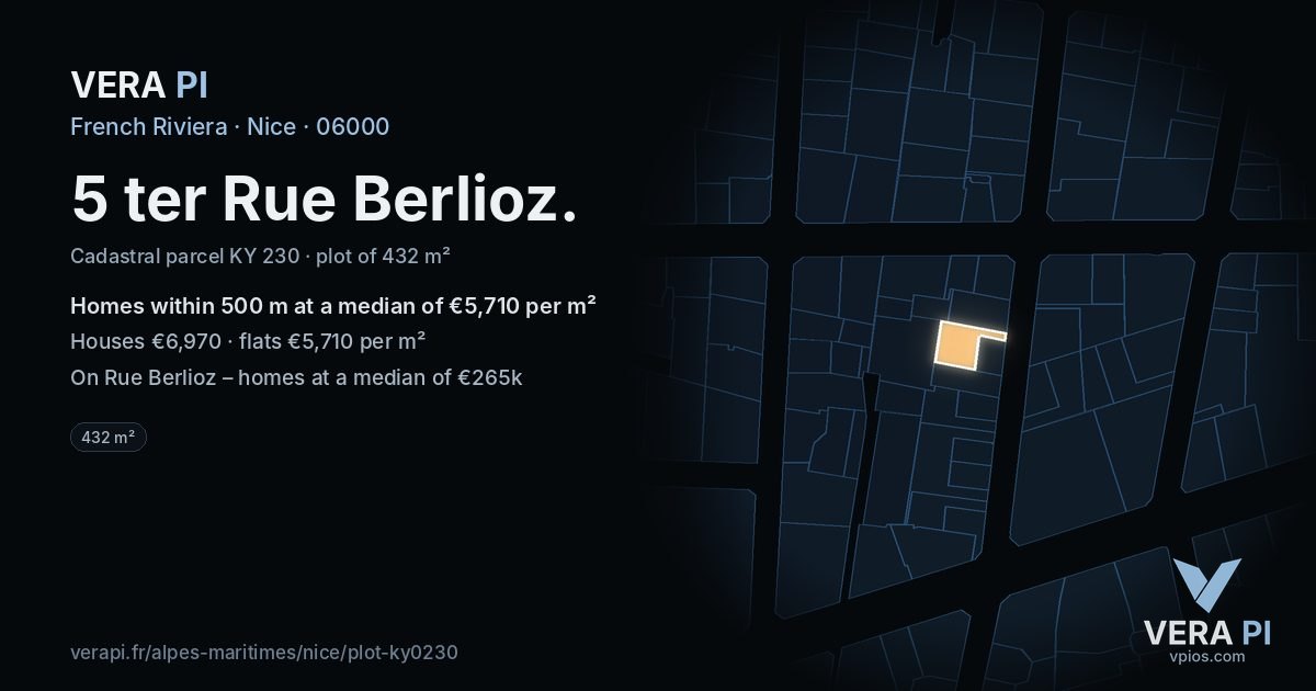 5 ter Rue Berlioz, Nice at night – the plot lit, the parcels around coloured by the prices near them