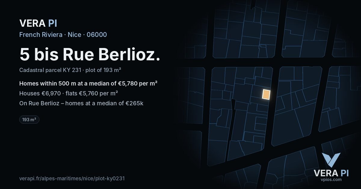 5 bis Rue Berlioz, Nice at night – the plot lit, the parcels around coloured by the prices near them