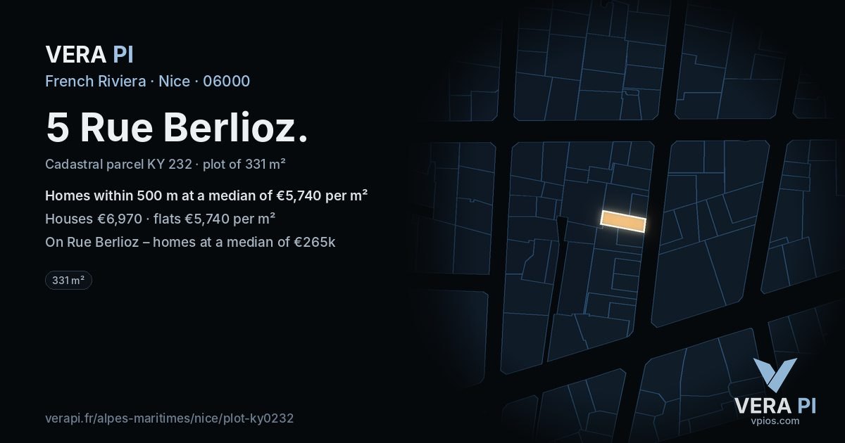 5 Rue Berlioz, Nice at night – the plot lit, the parcels around coloured by the prices near them