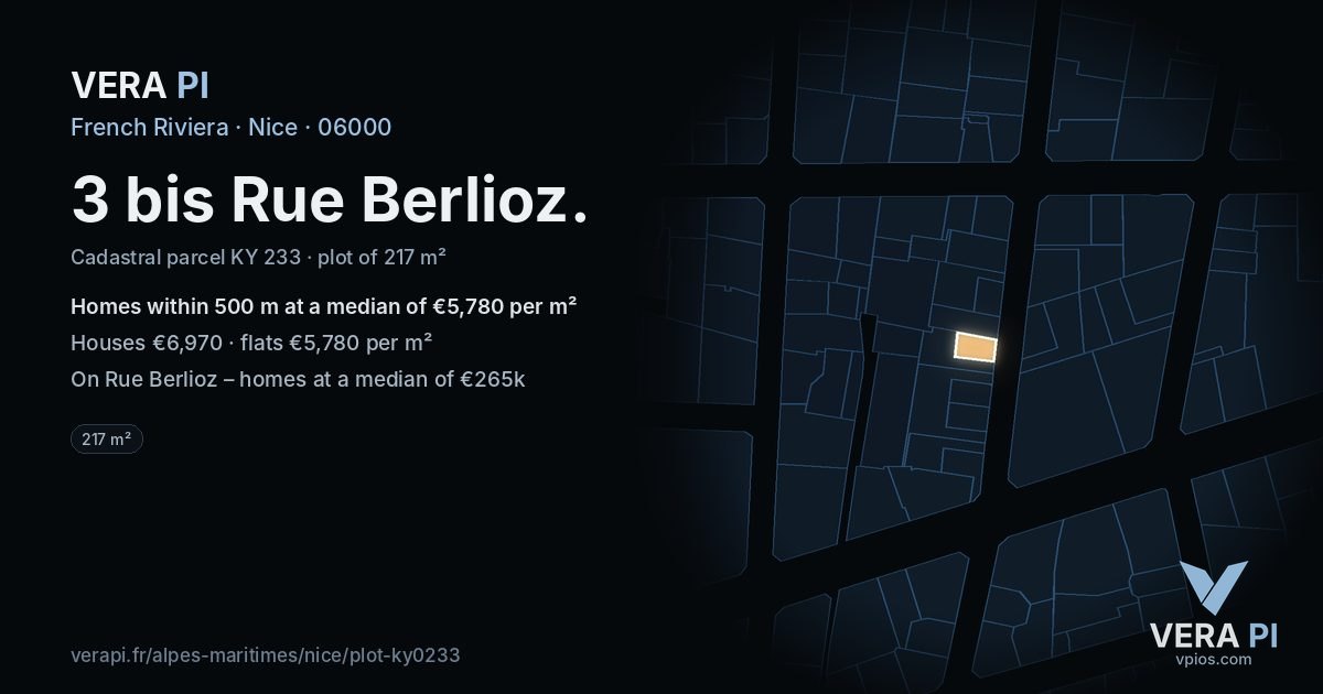 3 bis Rue Berlioz, Nice at night – the plot lit, the parcels around coloured by the prices near them