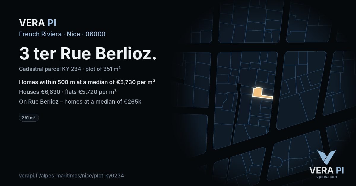 3 ter Rue Berlioz, Nice at night – the plot lit, the parcels around coloured by the prices near them