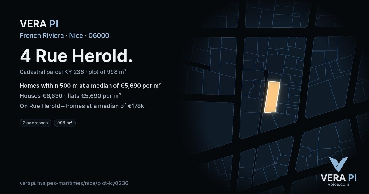 4 Rue Herold, Nice at night – the plot lit, the parcels around coloured by the prices near them