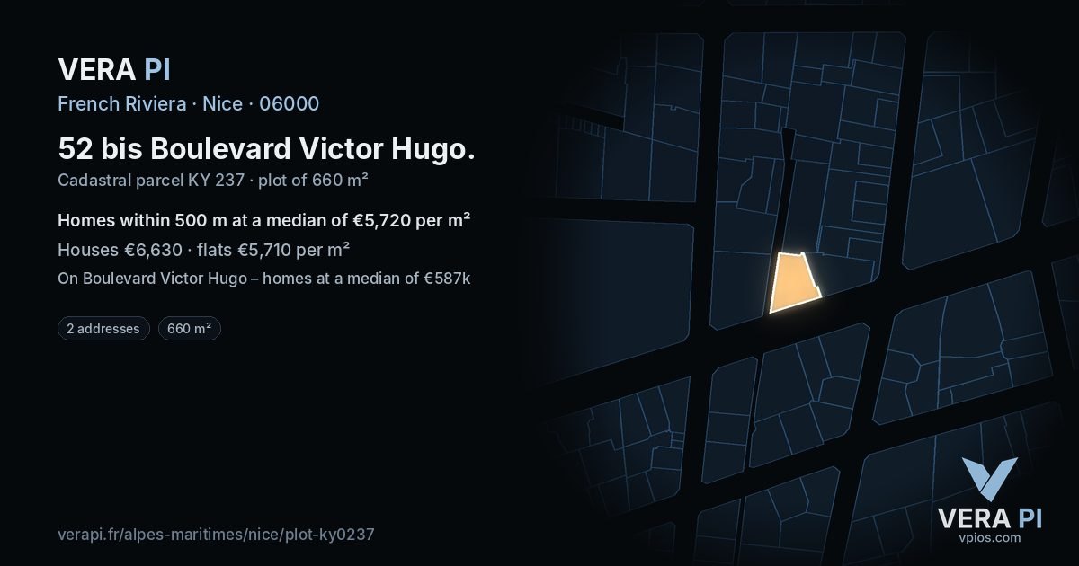 52 bis Boulevard Victor Hugo, Nice at night – the plot lit, the parcels around coloured by the prices near them