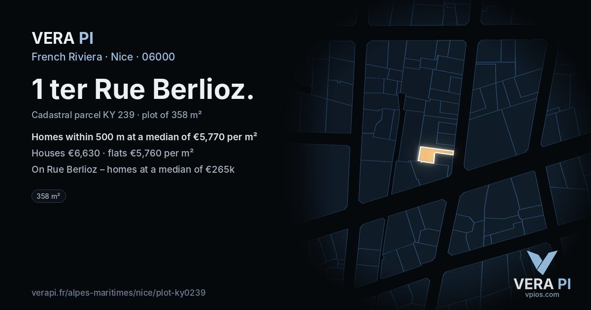 1 ter Rue Berlioz, Nice at night – the plot lit, the parcels around coloured by the prices near them