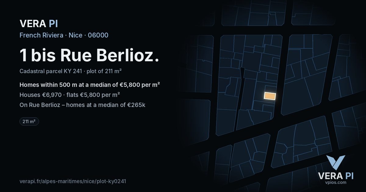 1 bis Rue Berlioz, Nice at night – the plot lit, the parcels around coloured by the prices near them