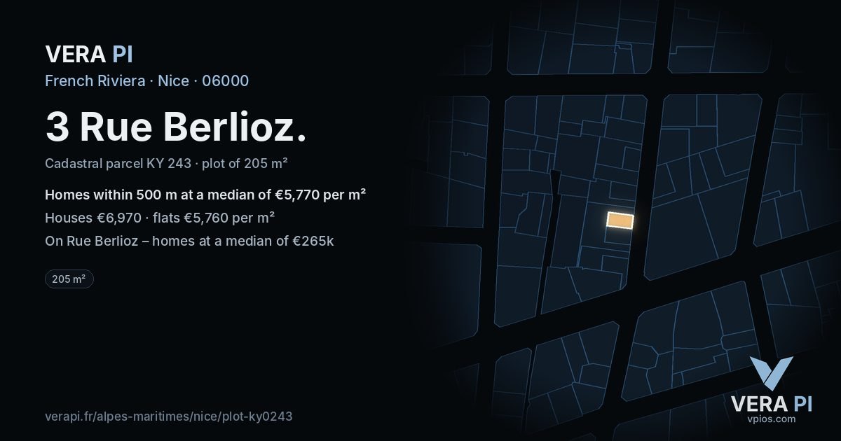 3 Rue Berlioz, Nice at night – the plot lit, the parcels around coloured by the prices near them