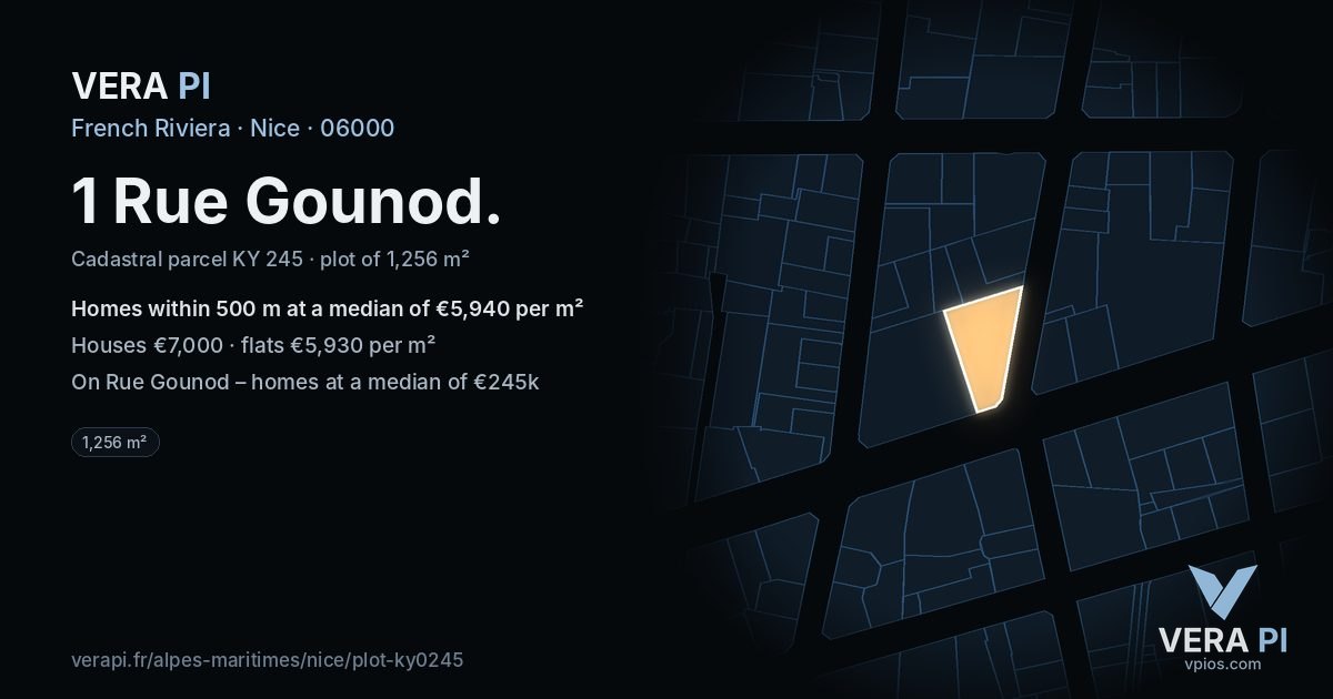 1 Rue Gounod, Nice at night – the plot lit, the parcels around coloured by the prices near them